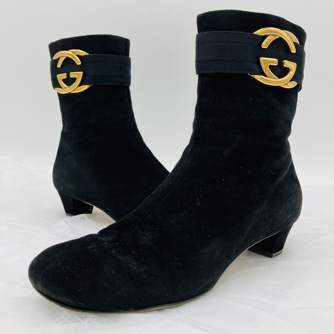 GUCCI Short Boots Shoes GG EU 35.5 US 5.5 Suede Black Authentic