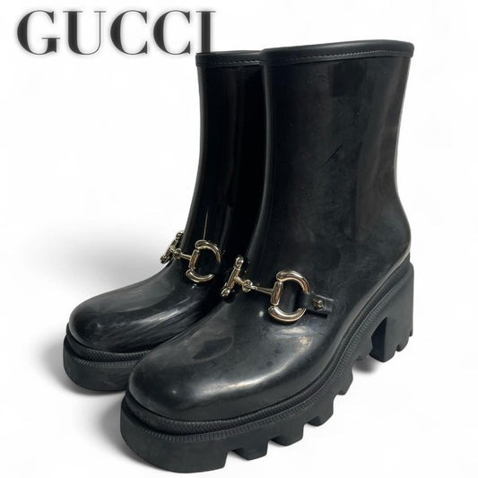 GUCCI Rain Boots Shoes Horsebit EU 38 US 8 Black Authentic