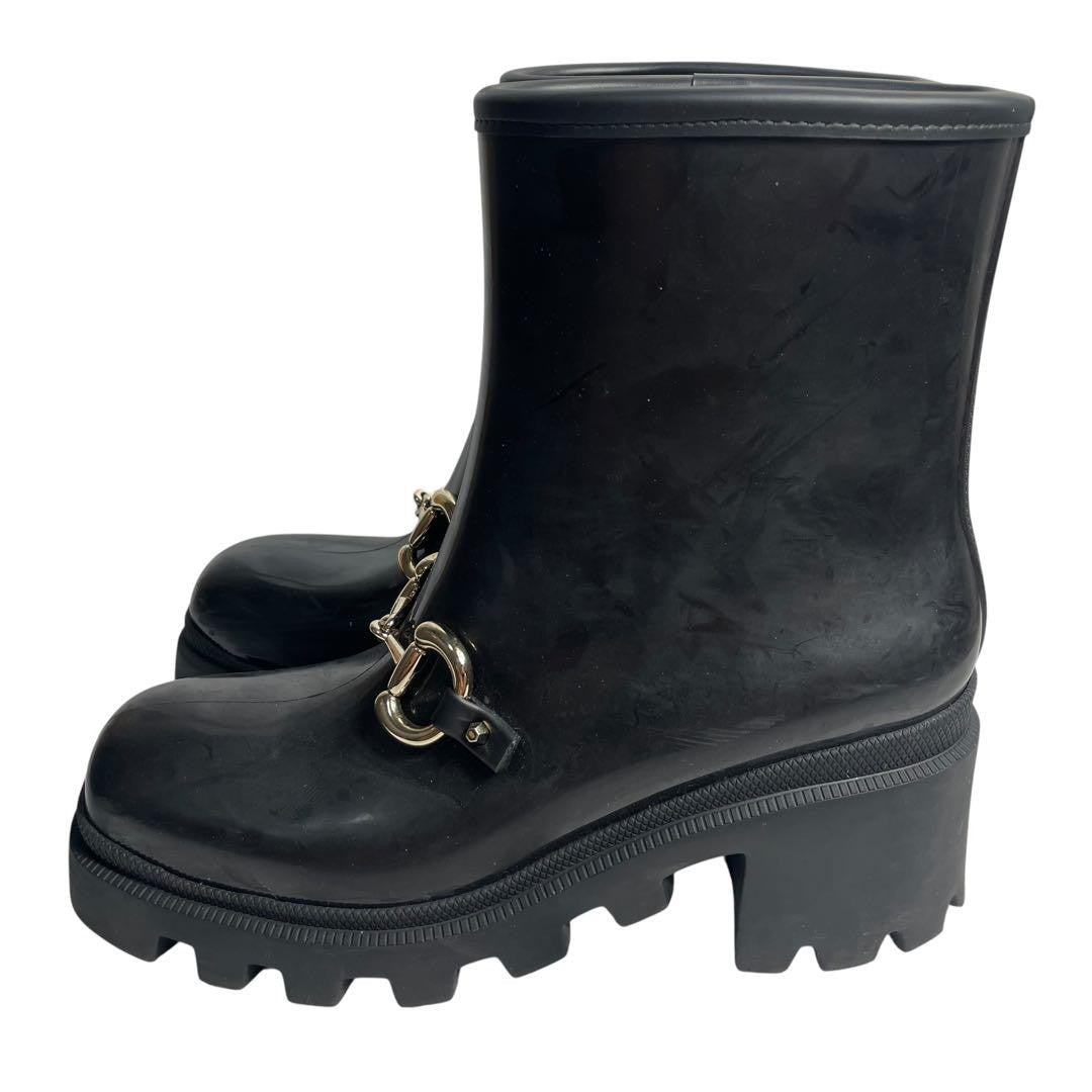 GUCCI Rain Boots Shoes Horsebit EU 38 US 8 Black Authentic