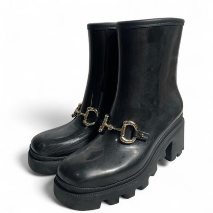 GUCCI Rain Boots Shoes Horsebit EU 38 US 8 Black Authentic