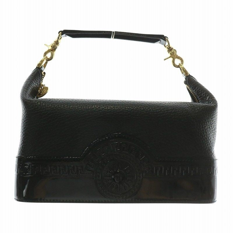 VERSACE Hand Bag Tote Purse Sunburst Patent Leather Black Authentic
