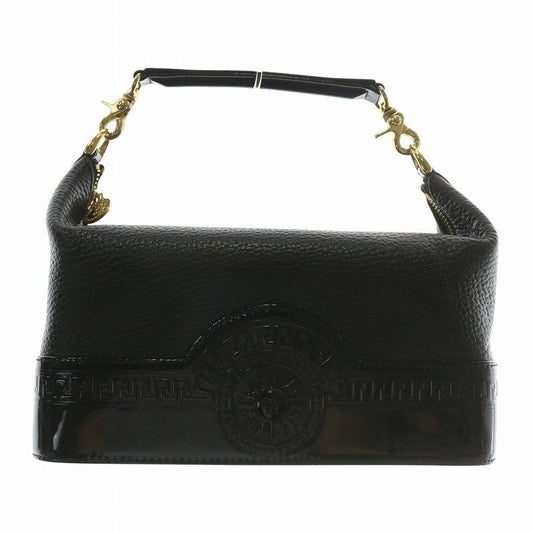 VERSACE Hand Bag Tote Purse Sunburst Patent Leather Black Authentic