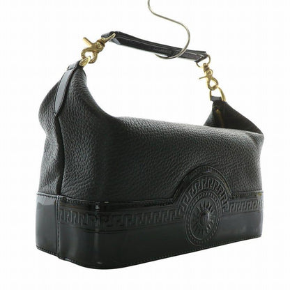 VERSACE Hand Bag Tote Purse Sunburst Patent Leather Black Authentic