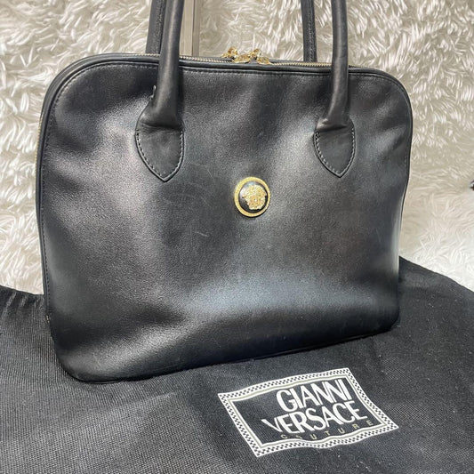 VERSACE Hand Bag Tote Purse Medusa Leather Black Authentic