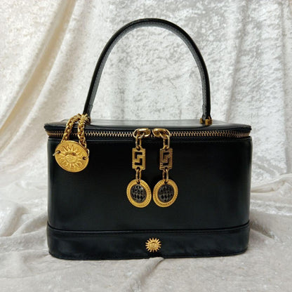 VERSACE Vanity Bag Hand Bag Tote Purse Sunburst Leather Black Authentic