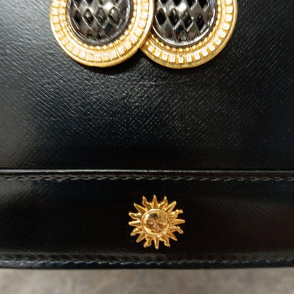 VERSACE Vanity Bag Hand Bag Tote Purse Sunburst Leather Black Authentic