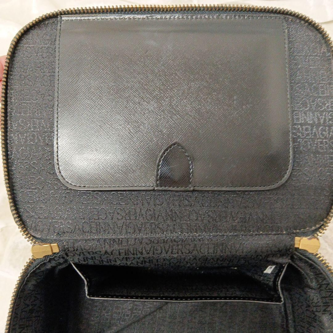 VERSACE Vanity Bag Hand Bag Tote Purse Sunburst Leather Black Authentic