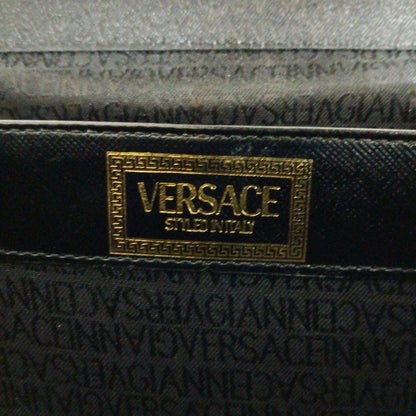 VERSACE Vanity Bag Hand Bag Tote Purse Sunburst Leather Black Authentic