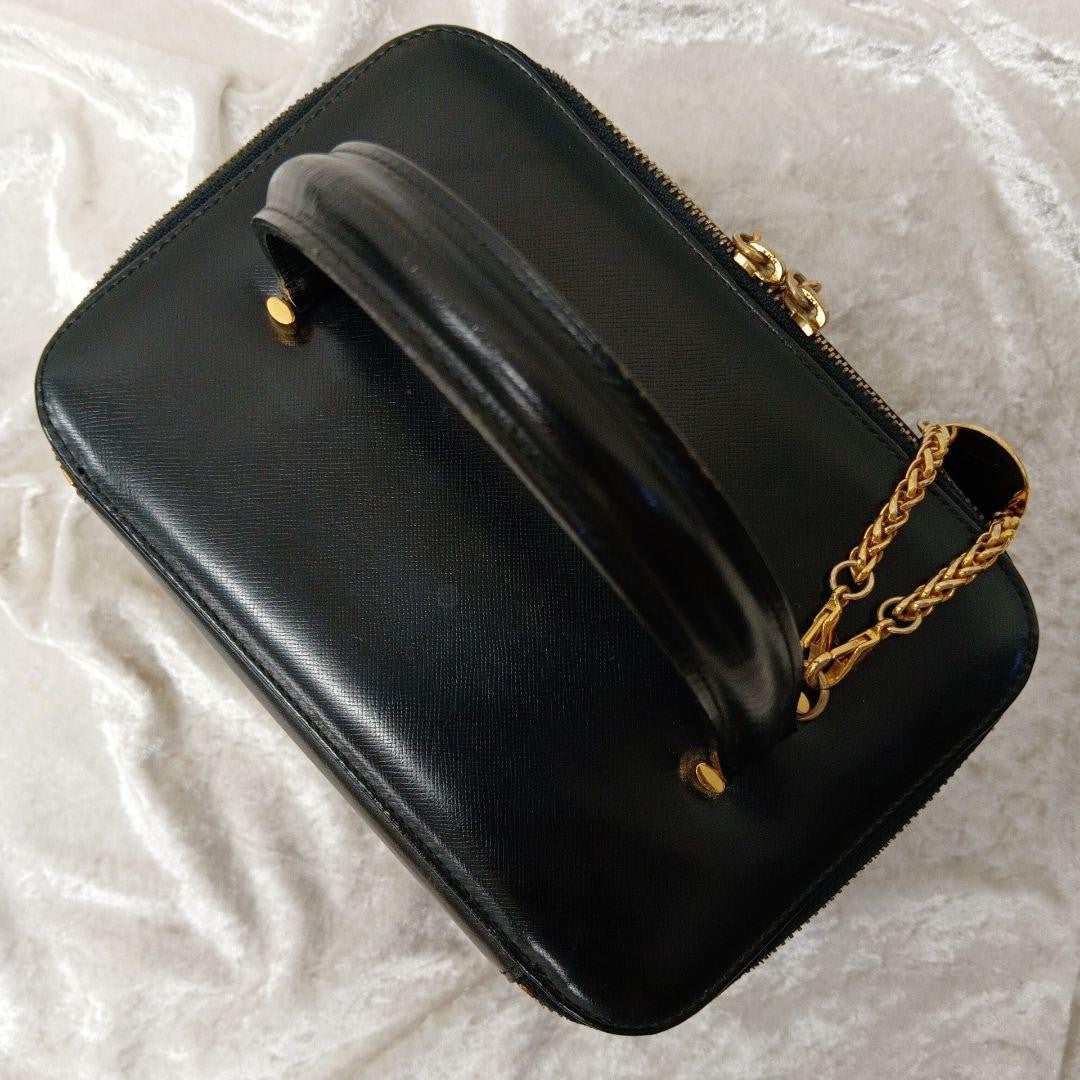 VERSACE Vanity Bag Hand Bag Tote Purse Sunburst Leather Black Authentic