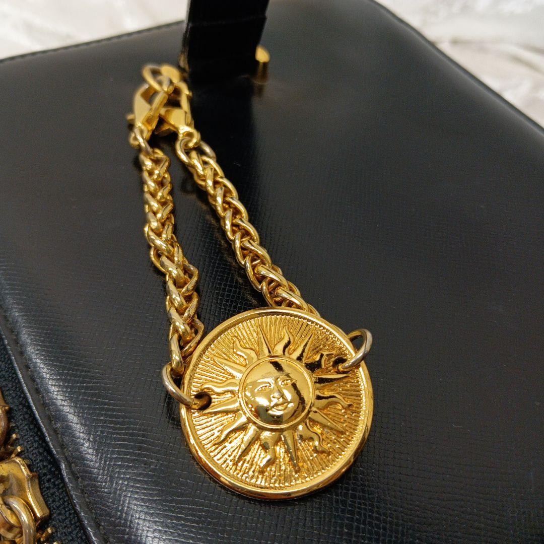 VERSACE Vanity Bag Hand Bag Tote Purse Sunburst Leather Black Authentic