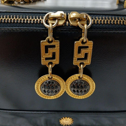 VERSACE Vanity Bag Hand Bag Tote Purse Sunburst Leather Black Authentic