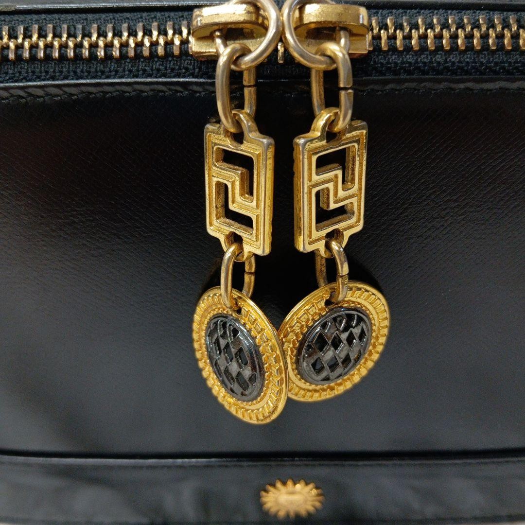 VERSACE Vanity Bag Hand Bag Tote Purse Sunburst Leather Black Authentic