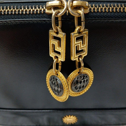 VERSACE Vanity Bag Hand Bag Tote Purse Sunburst Leather Black Authentic