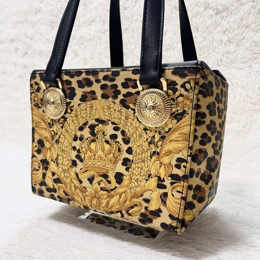 VERSACE Hand Bag Tote Purse Sunburst Black Yellow Gold Authentic