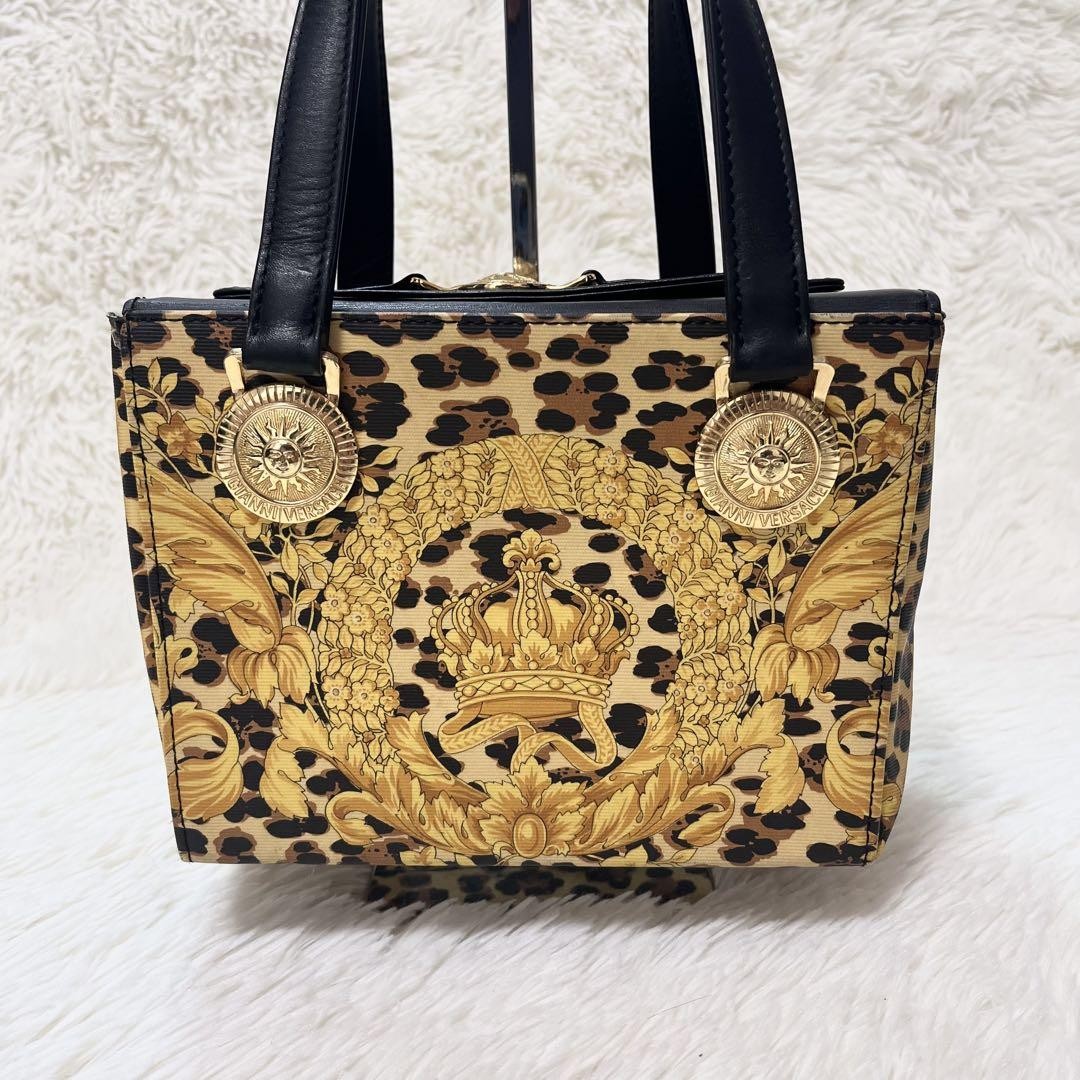 VERSACE Hand Bag Tote Purse Sunburst Black Yellow Gold Authentic