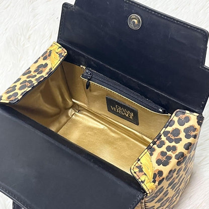 VERSACE Hand Bag Tote Purse Sunburst Black Yellow Gold Authentic