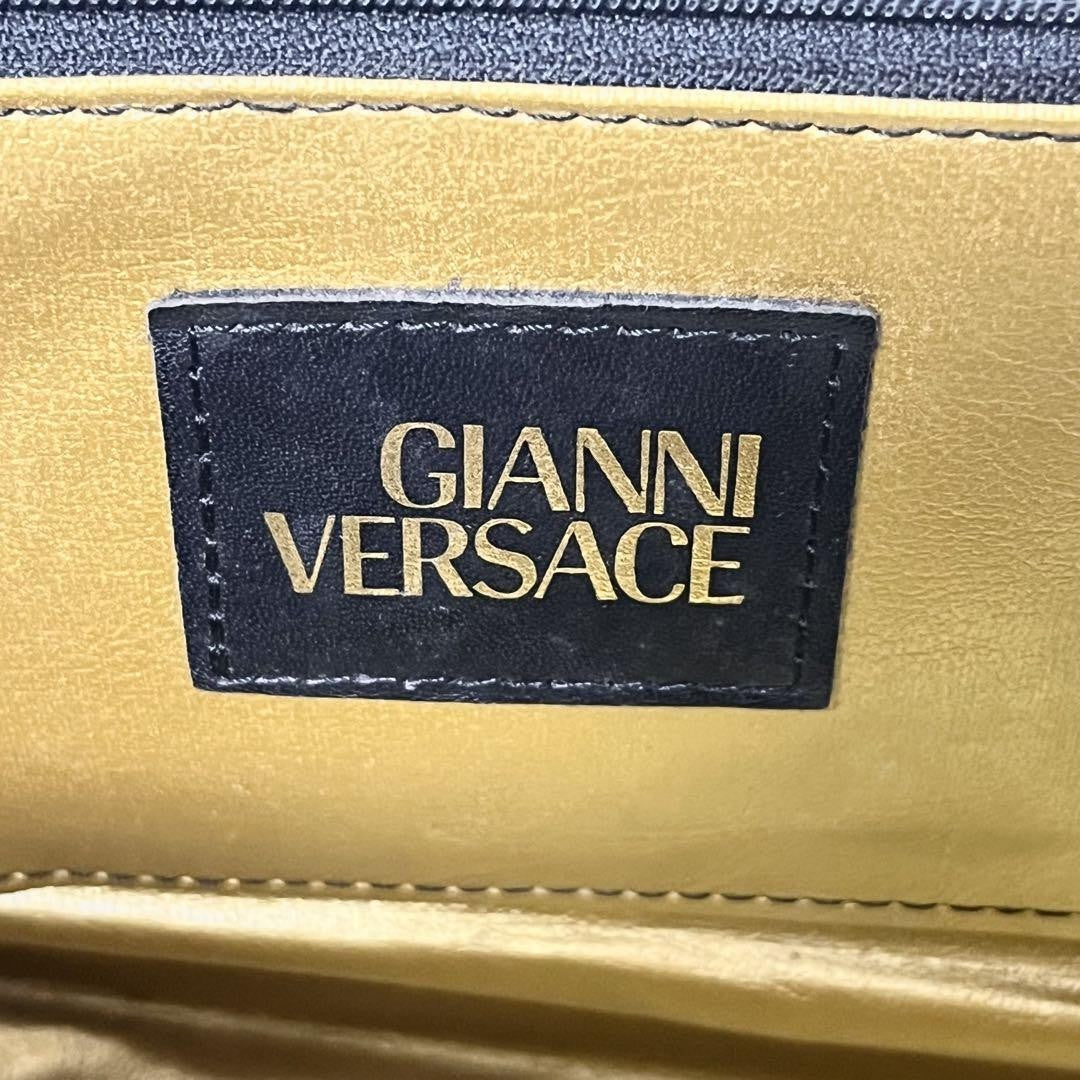 VERSACE Hand Bag Tote Purse Sunburst Black Yellow Gold Authentic