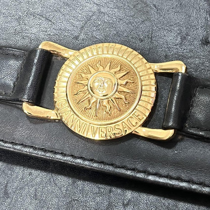 VERSACE Hand Bag Tote Purse Sunburst Black Yellow Gold Authentic