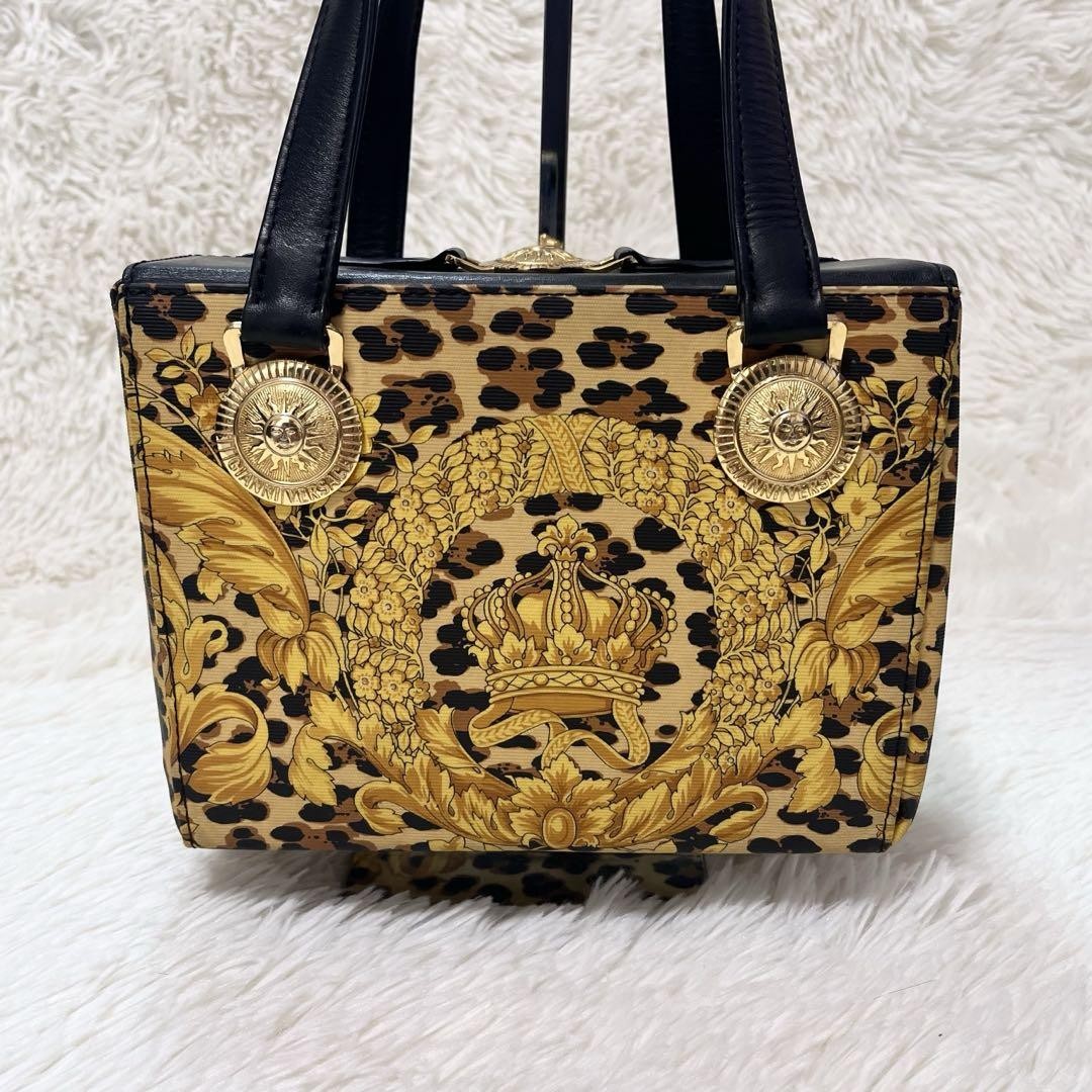 VERSACE Hand Bag Tote Purse Sunburst Black Yellow Gold Authentic