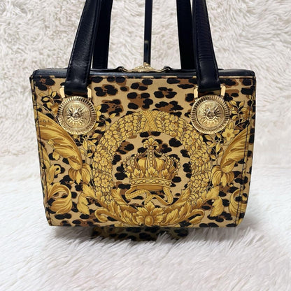 VERSACE Hand Bag Tote Purse Sunburst Black Yellow Gold Authentic