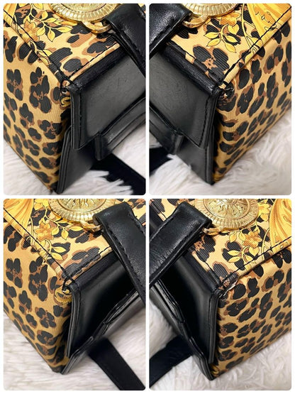VERSACE Hand Bag Tote Purse Sunburst Black Yellow Gold Authentic