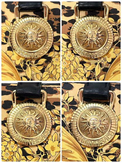 VERSACE Hand Bag Tote Purse Sunburst Black Yellow Gold Authentic