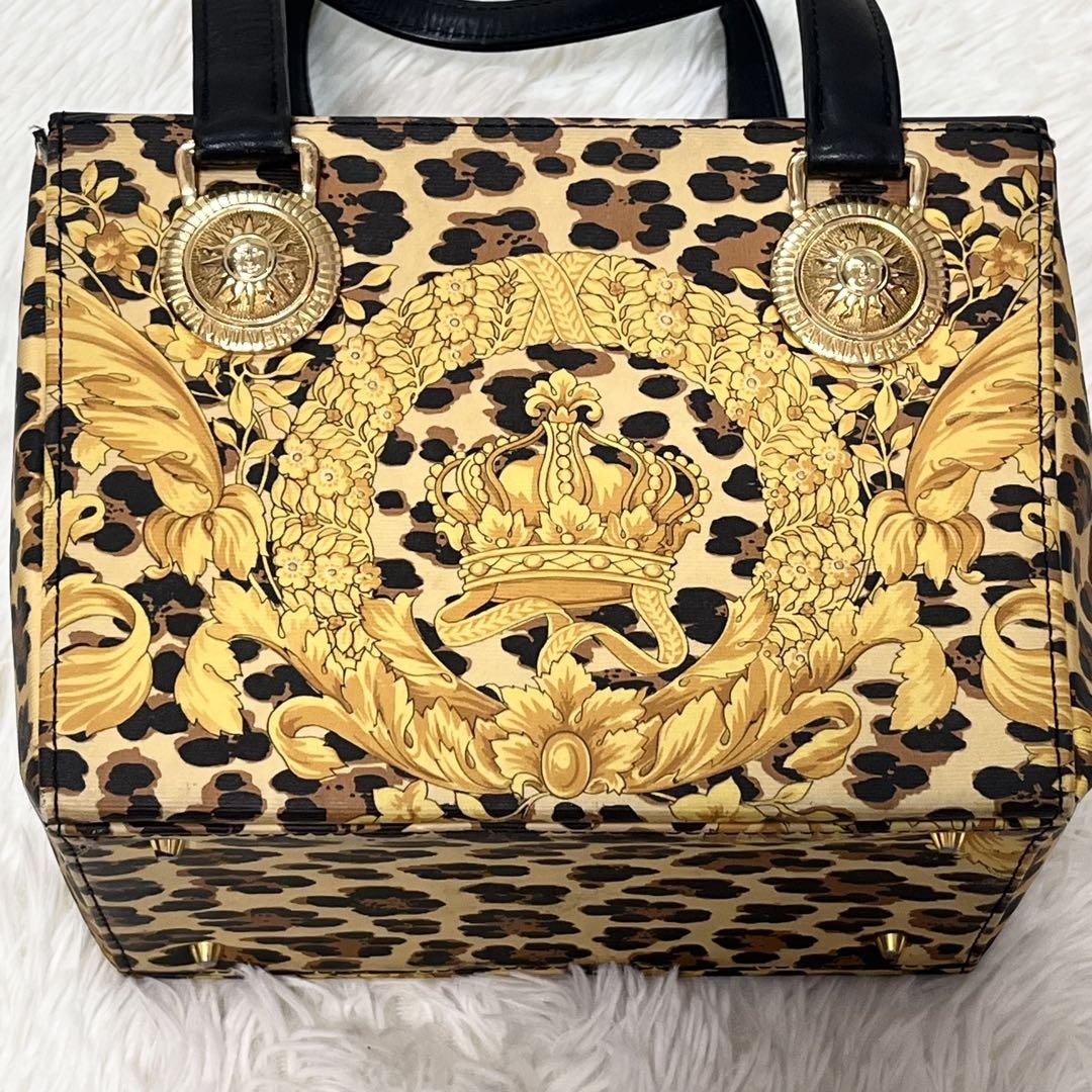 VERSACE Hand Bag Tote Purse Sunburst Black Yellow Gold Authentic