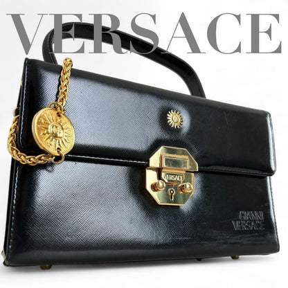 VERSACE Vanity Hand Bag Tote Purse Sunburst Black Authentic