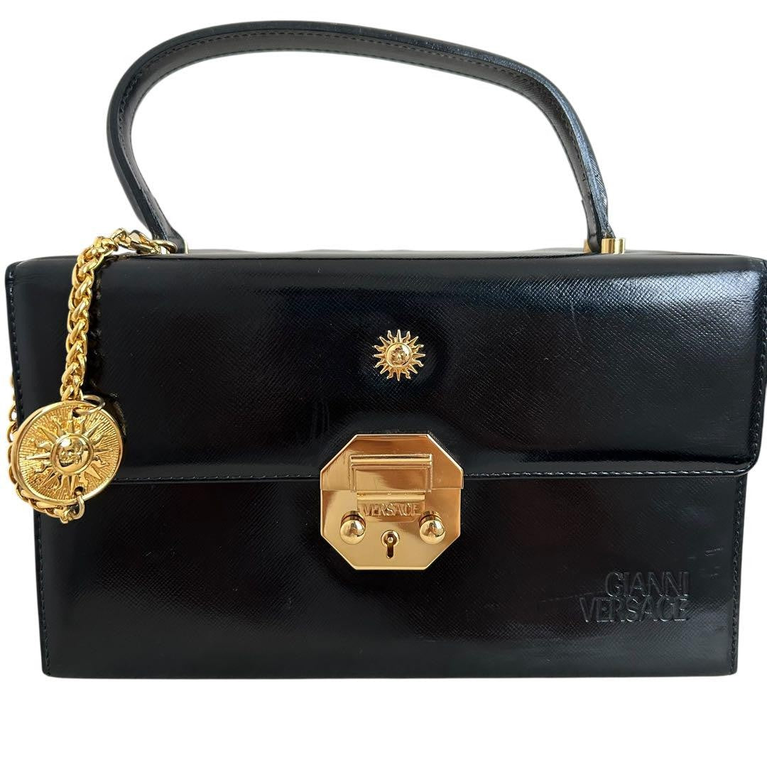 VERSACE Vanity Hand Bag Tote Purse Sunburst Black Authentic
