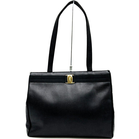 Salvatore Ferragamo Hand Bag Tote Purse Vara Leather Black Authentic