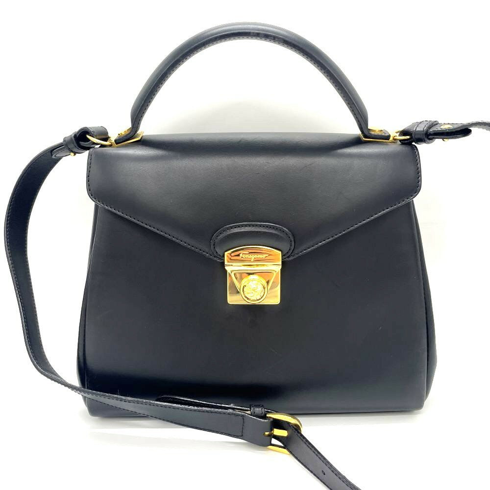 Salvatore Ferragamo Hand Shoulder Bag Tote Purse 2way Leather Black Authentic