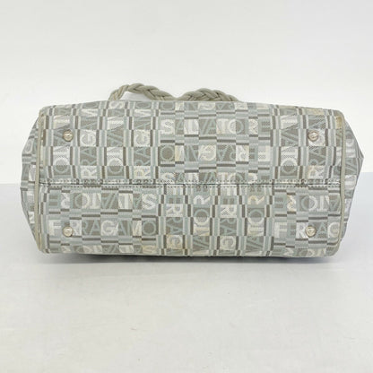 Salvatore Ferragamo Hand Bag Tote Purse Nylon Canvas Gray Authentic