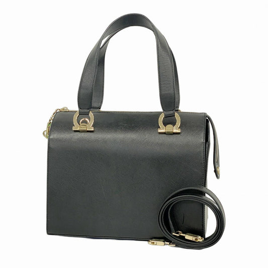 Salvatore Ferragamo Hand Bag Tote Purse Gancini Leather Black Authentic