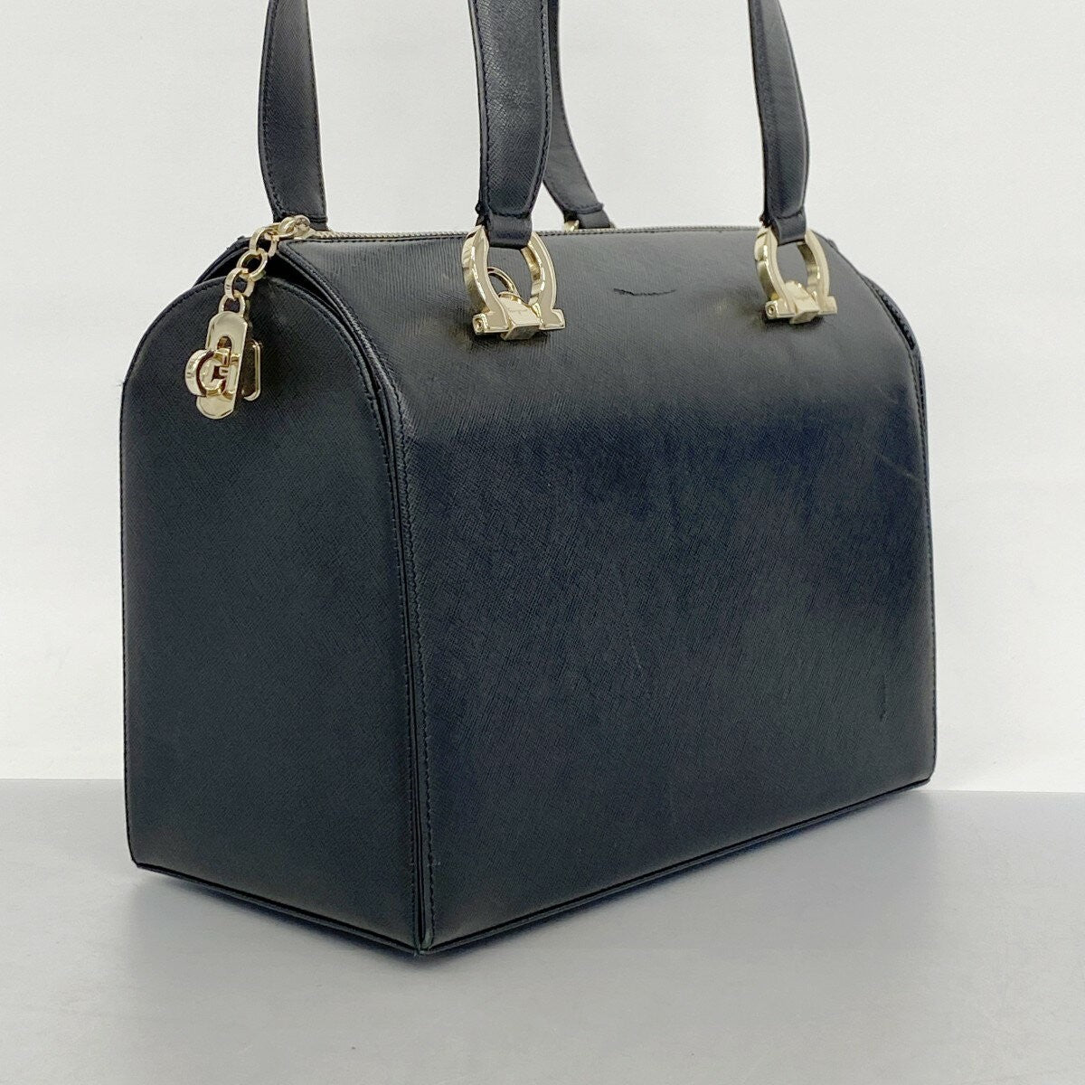 Salvatore Ferragamo Hand Bag Tote Purse Gancini Leather Black Authentic