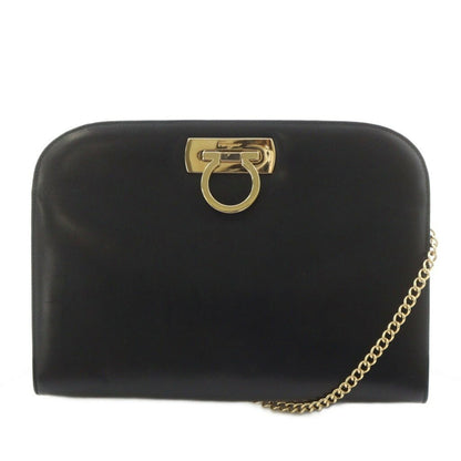 Salvatore Ferragamo Shoulder Bag Purse Chain Gancini Leather Black Authentic
