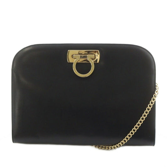 Salvatore Ferragamo Shoulder Bag Purse Chain Gancini Leather Black Authentic