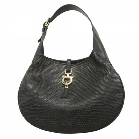 Salvatore Ferragamo Shoulder Bag Purse Gancini Leather Black Authentic