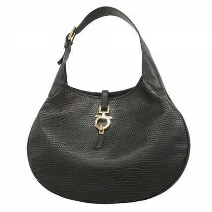 Salvatore Ferragamo Shoulder Bag Purse Gancini Leather Black Authentic
