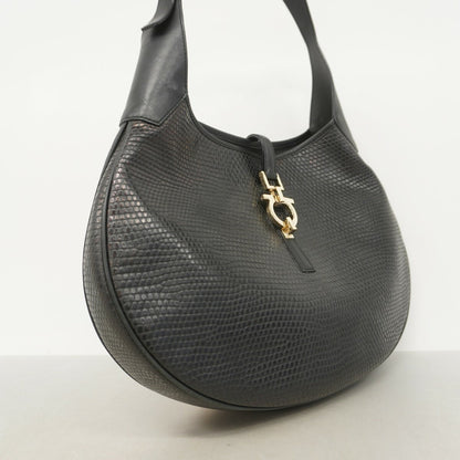 Salvatore Ferragamo Shoulder Bag Purse Gancini Leather Black Authentic