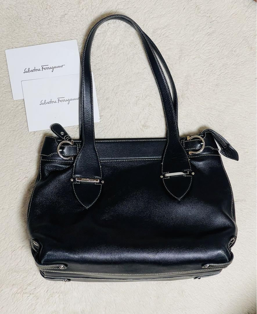 Salvatore Ferragamo Hand Bag Tote Purse Gancini Leather Black Authentic