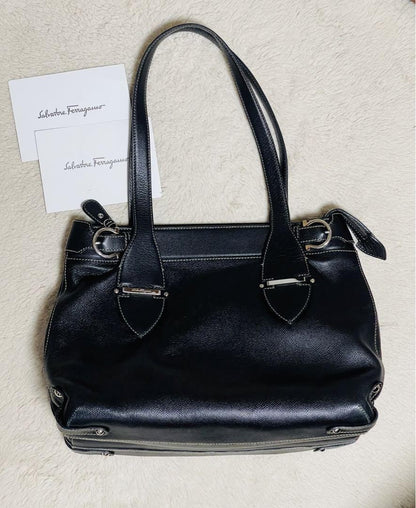 Salvatore Ferragamo Hand Bag Tote Purse Gancini Leather Black Authentic