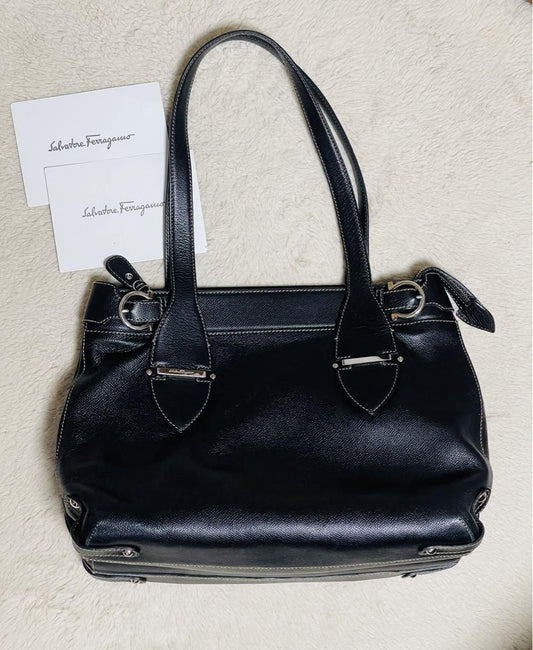 Salvatore Ferragamo Hand Bag Tote Purse Gancini Leather Black Authentic