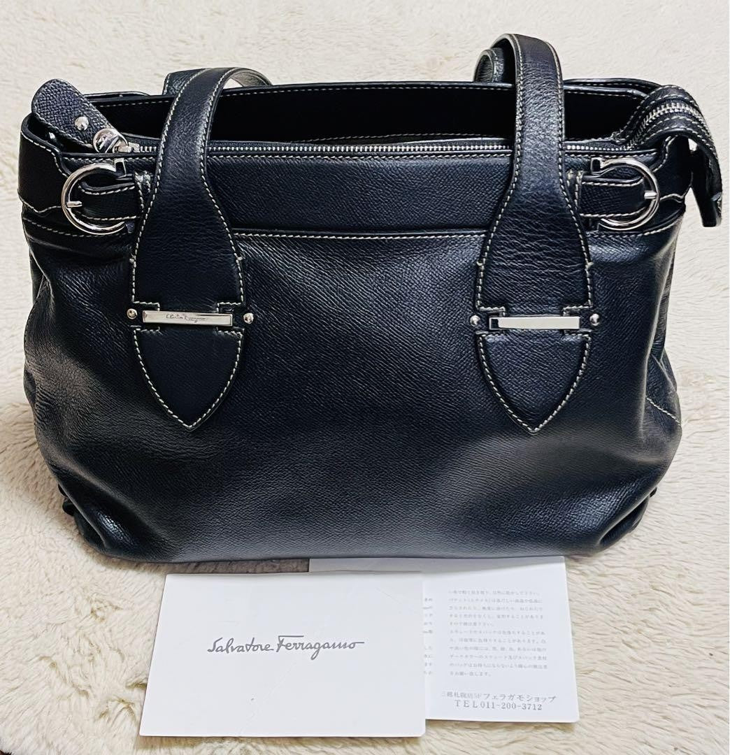 Salvatore Ferragamo Hand Bag Tote Purse Gancini Leather Black Authentic