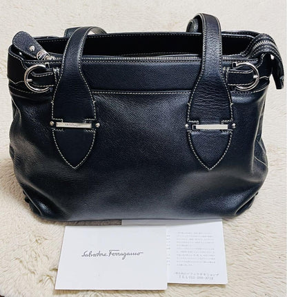 Salvatore Ferragamo Hand Bag Tote Purse Gancini Leather Black Authentic
