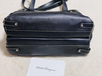 Salvatore Ferragamo Hand Bag Tote Purse Gancini Leather Black Authentic
