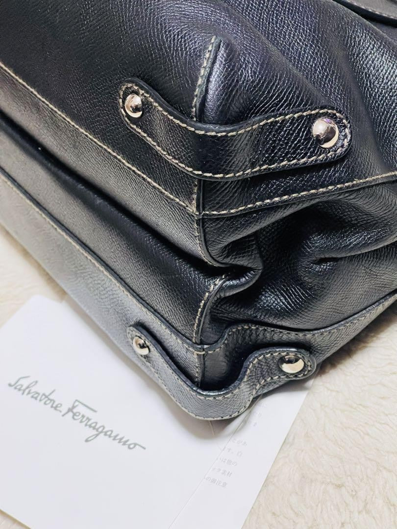 Salvatore Ferragamo Hand Bag Tote Purse Gancini Leather Black Authentic