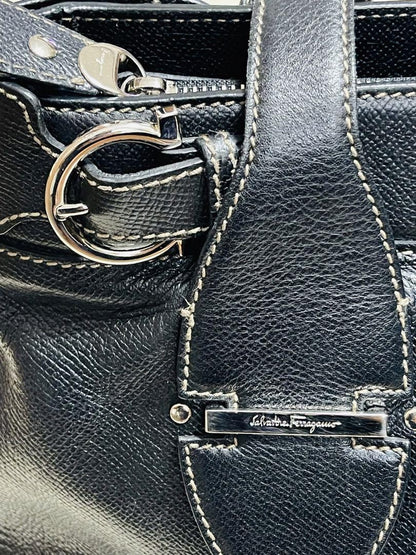 Salvatore Ferragamo Hand Bag Tote Purse Gancini Leather Black Authentic