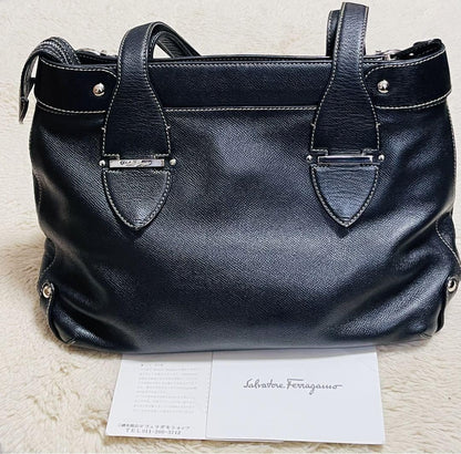 Salvatore Ferragamo Hand Bag Tote Purse Gancini Leather Black Authentic