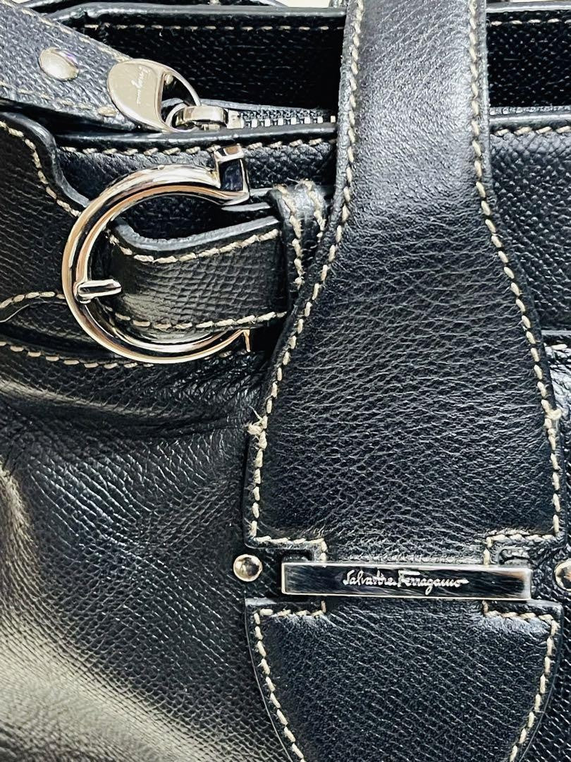 Salvatore Ferragamo Hand Bag Tote Purse Gancini Leather Black Authentic