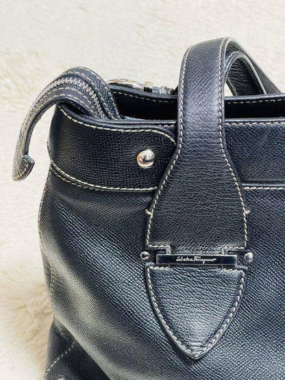 Salvatore Ferragamo Hand Bag Tote Purse Gancini Leather Black Authentic
